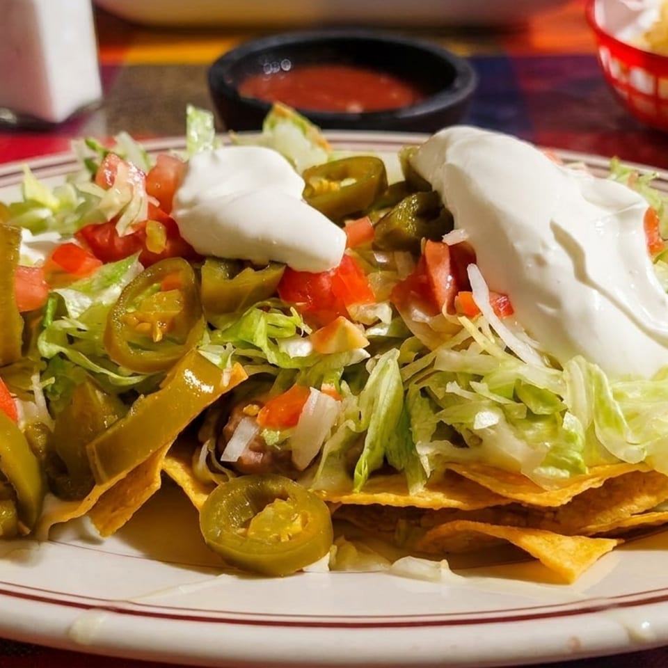 A plate of nachos with lettuce, tomatoes, jalapeños, and sour cream on a colorful tablecloth.