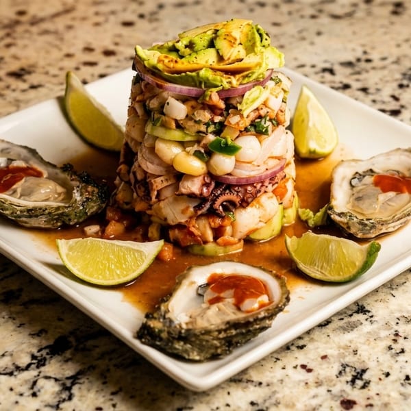 A seafood tower with oysters, ceviche, avocado, and lime wedges on a white plate.