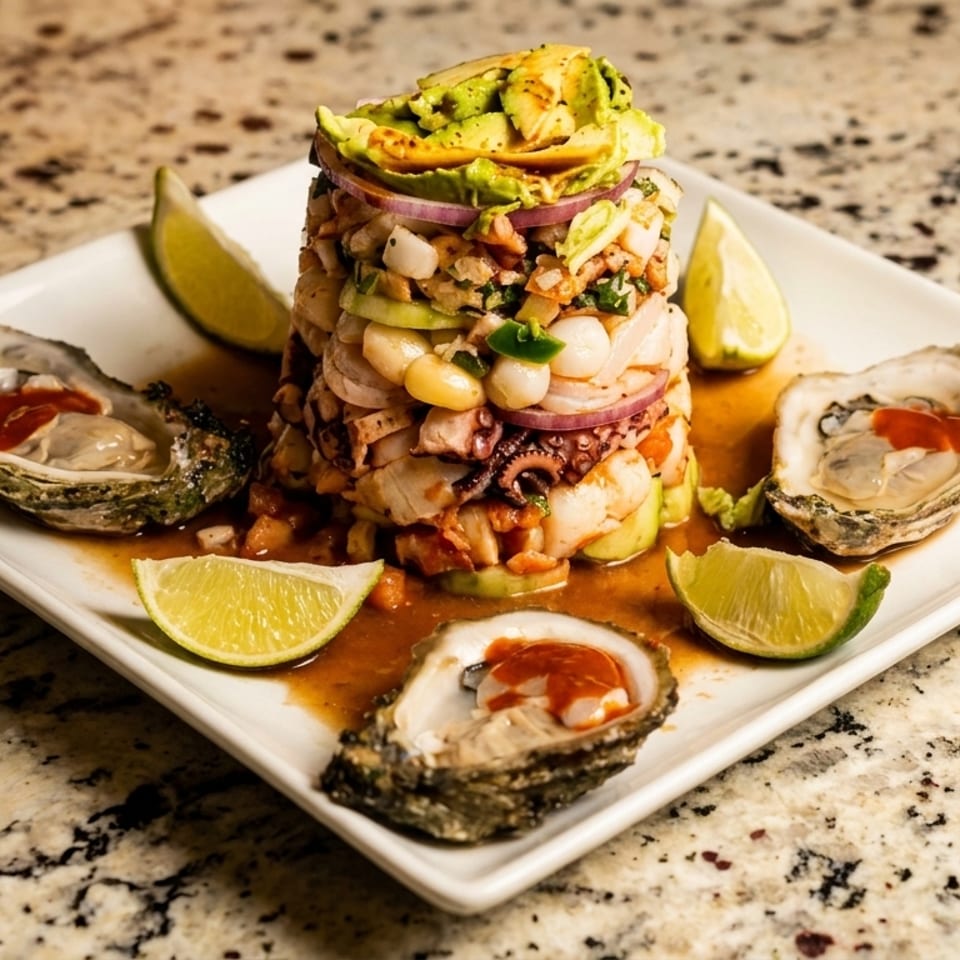 A seafood tower with oysters, ceviche, avocado, and lime wedges on a white plate.