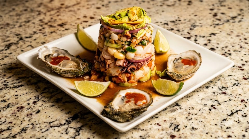 A seafood tower with oysters, ceviche, avocado, and lime wedges on a white plate.
