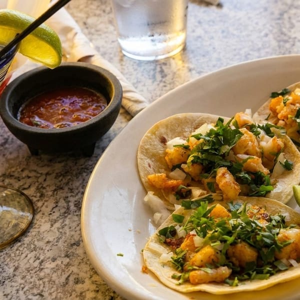 Shrimp tacos with cilantro, onions, and lime, alongside a margarita and salsa on a speckled table.