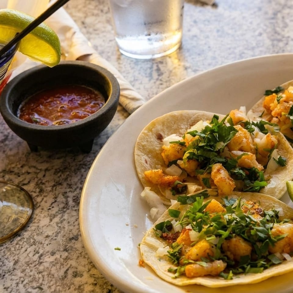 Shrimp tacos with cilantro, onions, and lime, alongside a margarita and salsa on a speckled table.