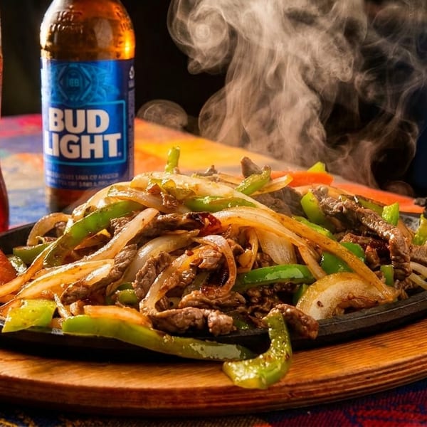 Steaming beef fajitas with onions and peppers on a sizzling platter, with a Coca-Cola and Bud Light.