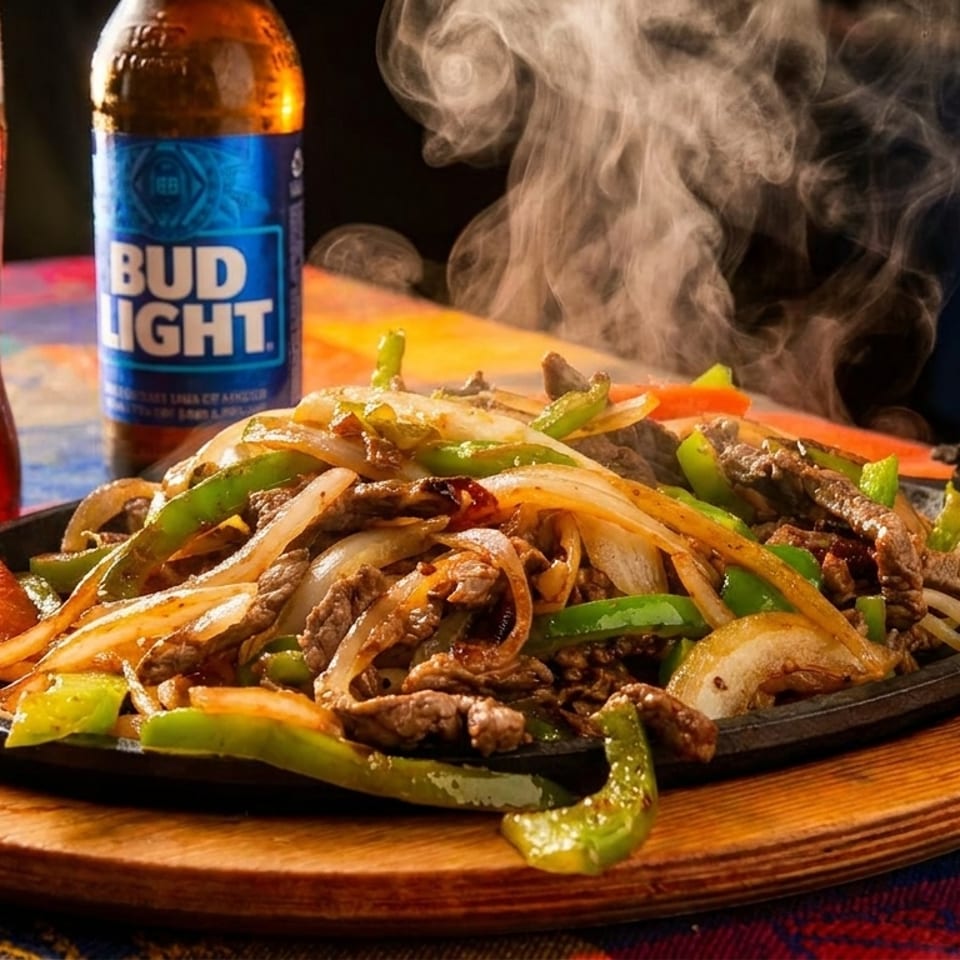 Steaming beef fajitas with onions and peppers on a sizzling platter, with a Coca-Cola and Bud Light.