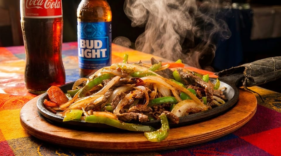 Steaming beef fajitas with onions and peppers on a sizzling platter, with a Coca-Cola and Bud Light.