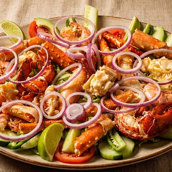A vibrant seafood salad with lobster, shrimp, crab, red onion, tomatoes, cucumbers, and lime wedges.