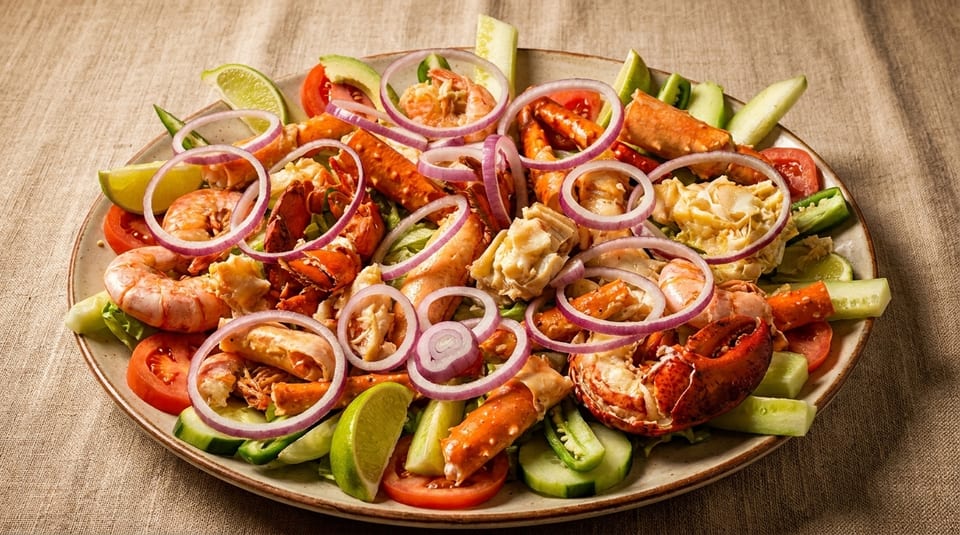 A vibrant seafood salad with lobster, shrimp, crab, red onion, tomatoes, cucumbers, and lime wedges.